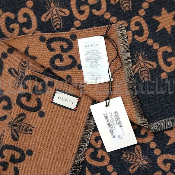 GUCCI brown & charcoal CONSTELLATION Bee GG Stars wool reversible long scarf NWT - Picture 4 of 10
